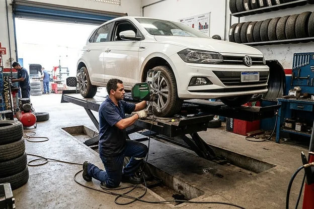 Carro sendo alinhado em uma borracharia, com foco na precisão do serviço.