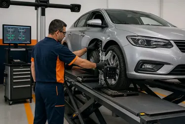 Máquina de alinhamento de rodas em funcionamento, com um carro sendo ajustado.