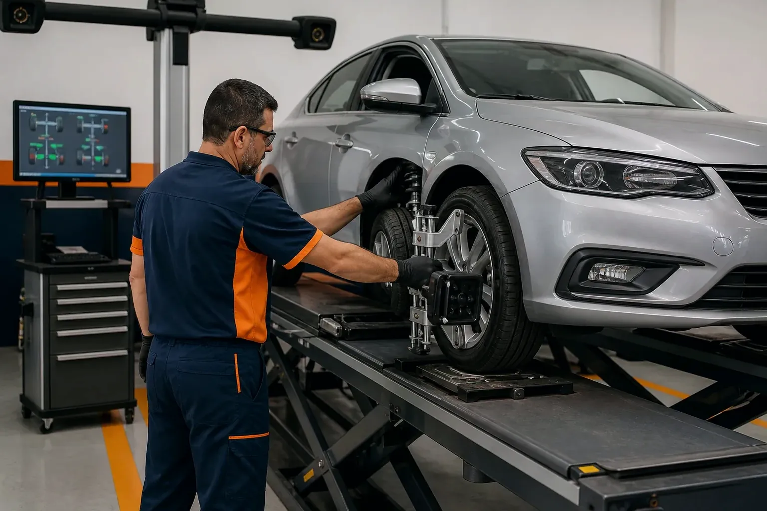 Máquina de alinhamento de rodas em funcionamento, com um carro sendo ajustado.
