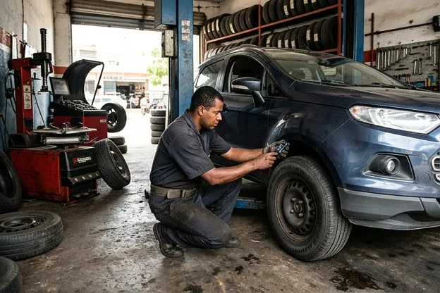 Técnico avaliando a condição de pneus, mostrando processos de manutenção.
