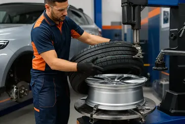 Técnico efetuando a troca de pneu em veículo, com ferramentas e equipamentos utilizados.