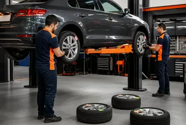 Técnico realizando rodízio de pneus em veículo, com ferramentas e pneus em destaque.