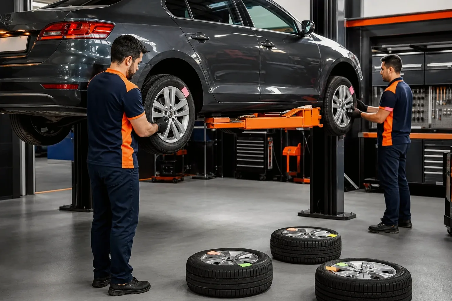 Técnico realizando rodízio de pneus em veículo, com ferramentas e pneus em destaque.