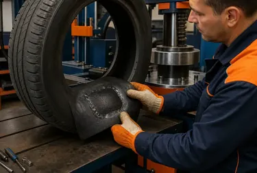 Técnico realizando vulcanização de pneu, com equipamentos especializados visíveis.