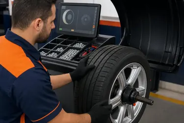 Técnico utilizando equipamento de balanceamento de rodas, com foco no detalhamento do serviço.