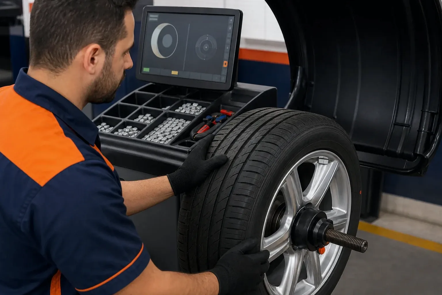 Técnico utilizando equipamento de balanceamento de rodas, com foco no detalhamento do serviço.